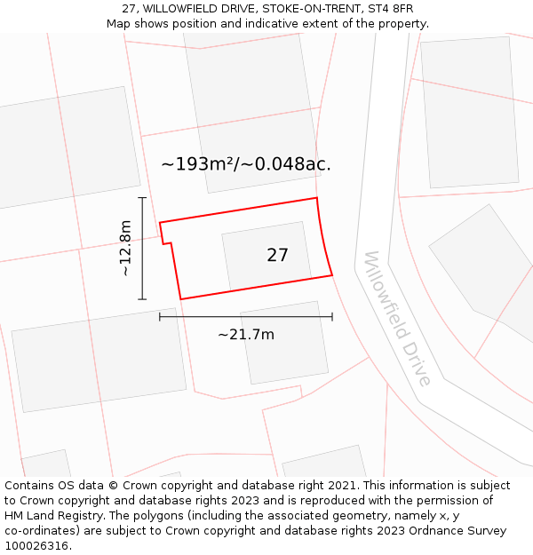 27, WILLOWFIELD DRIVE, STOKE-ON-TRENT, ST4 8FR: Plot and title map