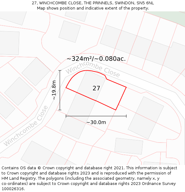 27, WINCHCOMBE CLOSE, THE PRINNELS, SWINDON, SN5 6NL: Plot and title map