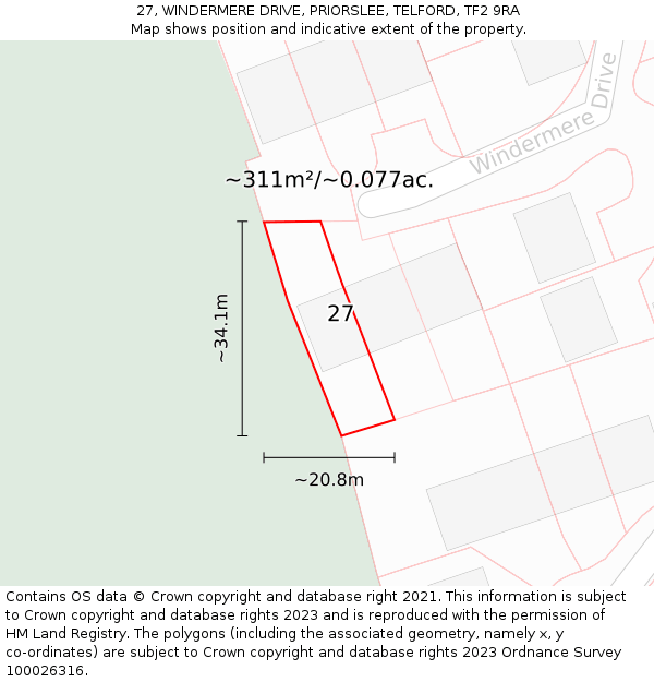 27, WINDERMERE DRIVE, PRIORSLEE, TELFORD, TF2 9RA: Plot and title map