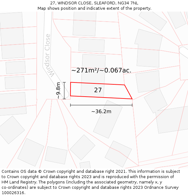 27, WINDSOR CLOSE, SLEAFORD, NG34 7NL: Plot and title map