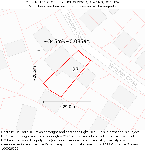 27, WINSTON CLOSE, SPENCERS WOOD, READING, RG7 1DW: Plot and title map