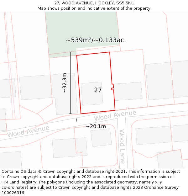 27, WOOD AVENUE, HOCKLEY, SS5 5NU: Plot and title map