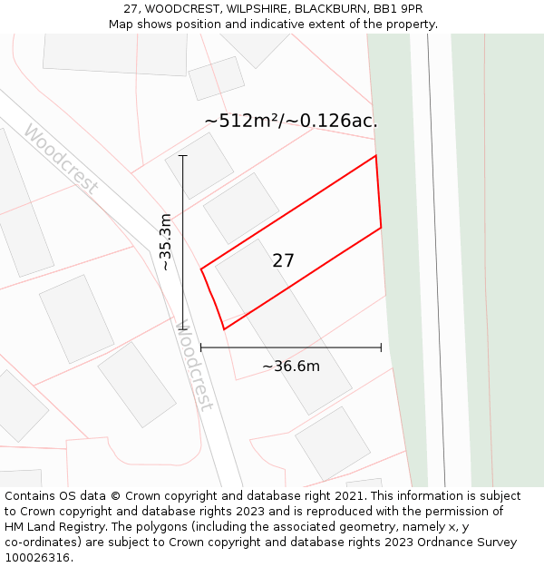 27, WOODCREST, WILPSHIRE, BLACKBURN, BB1 9PR: Plot and title map