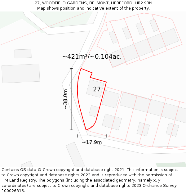 27, WOODFIELD GARDENS, BELMONT, HEREFORD, HR2 9RN: Plot and title map