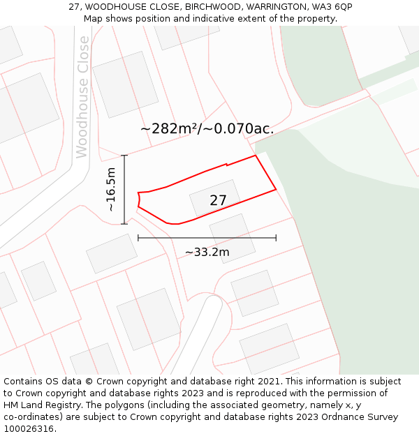 27, WOODHOUSE CLOSE, BIRCHWOOD, WARRINGTON, WA3 6QP: Plot and title map