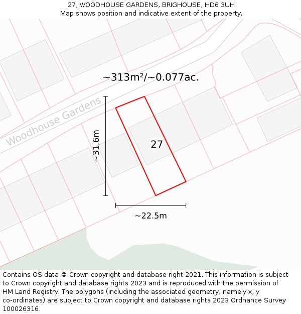 27, WOODHOUSE GARDENS, BRIGHOUSE, HD6 3UH: Plot and title map