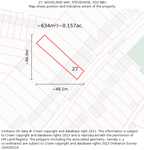 27, WOODLAND WAY, STEVENAGE, SG2 8BU: Plot and title map