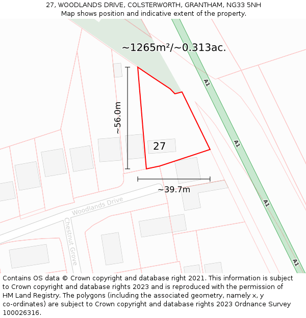 27, WOODLANDS DRIVE, COLSTERWORTH, GRANTHAM, NG33 5NH: Plot and title map