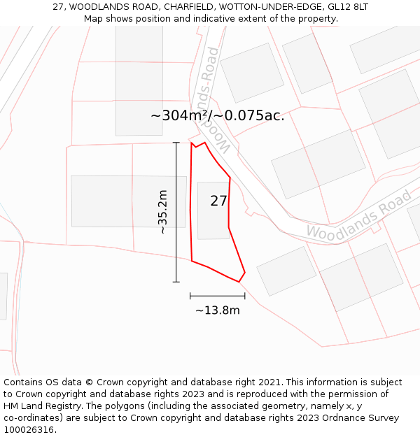 27, WOODLANDS ROAD, CHARFIELD, WOTTON-UNDER-EDGE, GL12 8LT: Plot and title map