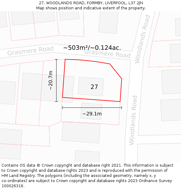 27, WOODLANDS ROAD, FORMBY, LIVERPOOL, L37 2JN: Plot and title map