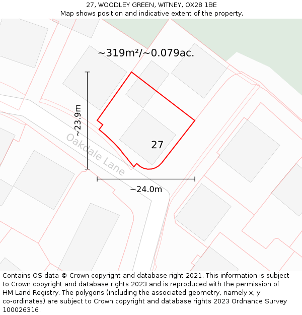 27, WOODLEY GREEN, WITNEY, OX28 1BE: Plot and title map