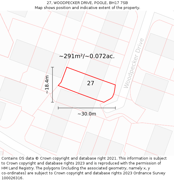 27, WOODPECKER DRIVE, POOLE, BH17 7SB: Plot and title map