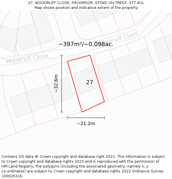 27, WOODRUFF CLOSE, PACKMOOR, STOKE-ON-TRENT, ST7 4UL: Plot and title map