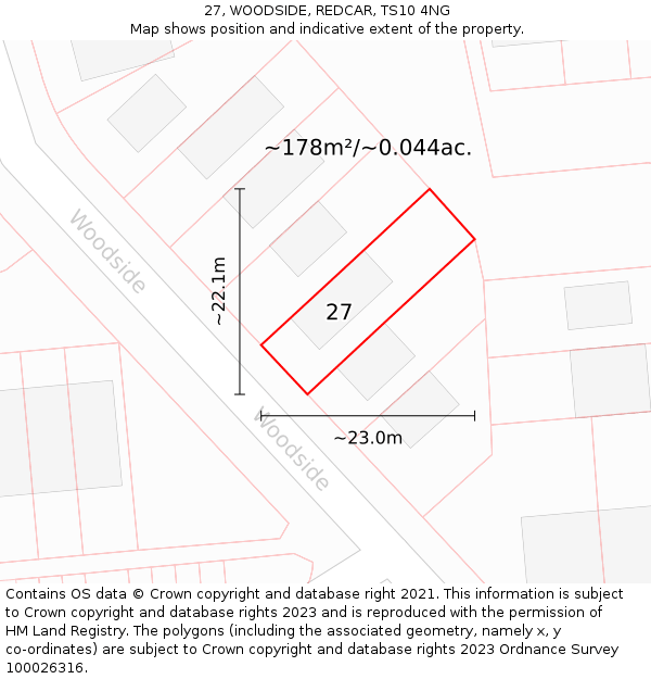 27, WOODSIDE, REDCAR, TS10 4NG: Plot and title map