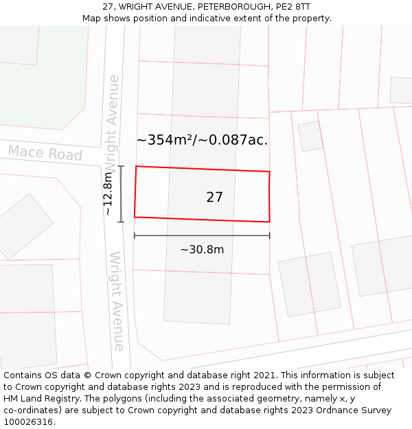 27, WRIGHT AVENUE, PETERBOROUGH, PE2 8TT: Plot and title map