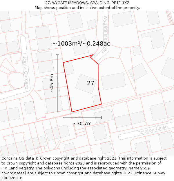 27, WYGATE MEADOWS, SPALDING, PE11 1XZ: Plot and title map