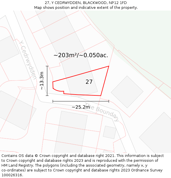 27, Y CEDRWYDDEN, BLACKWOOD, NP12 1FD: Plot and title map