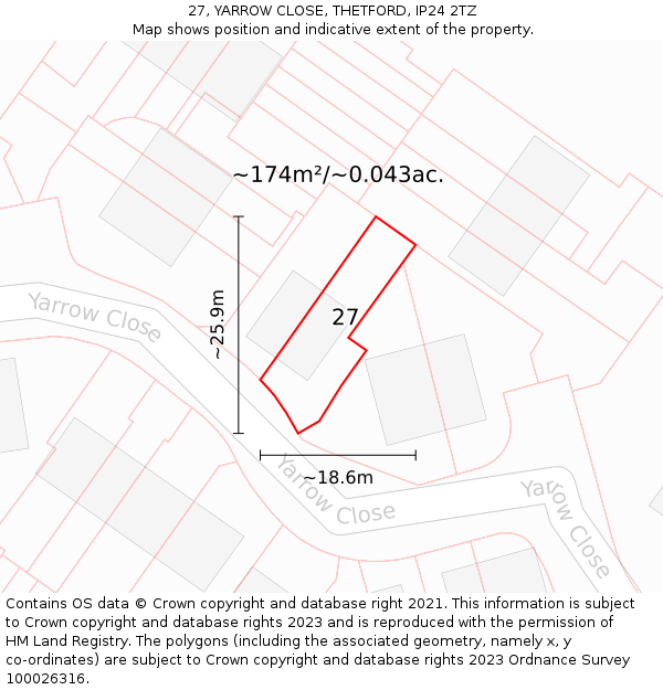 27, YARROW CLOSE, THETFORD, IP24 2TZ: Plot and title map