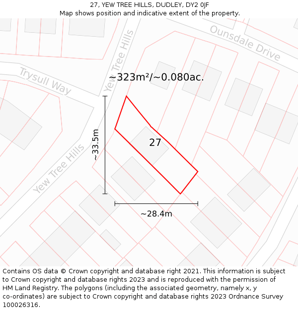 27, YEW TREE HILLS, DUDLEY, DY2 0JF: Plot and title map