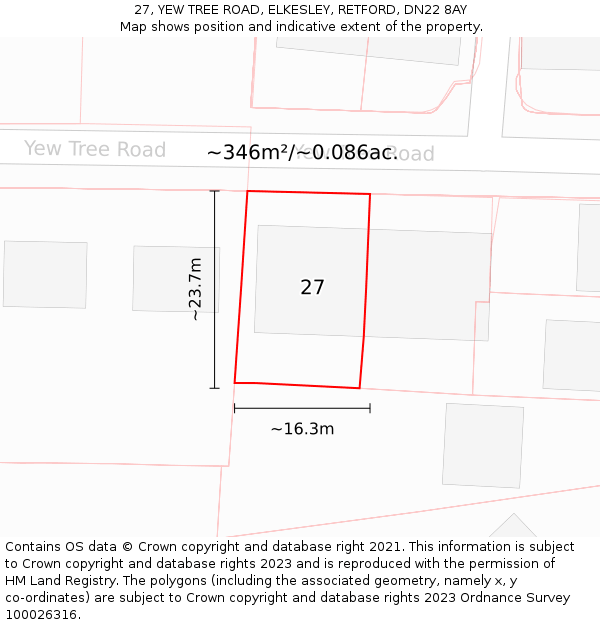 27, YEW TREE ROAD, ELKESLEY, RETFORD, DN22 8AY: Plot and title map