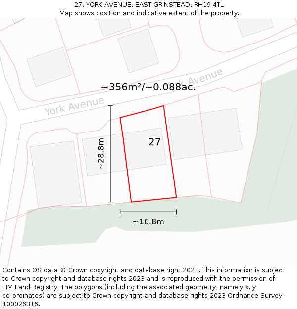 27, YORK AVENUE, EAST GRINSTEAD, RH19 4TL: Plot and title map