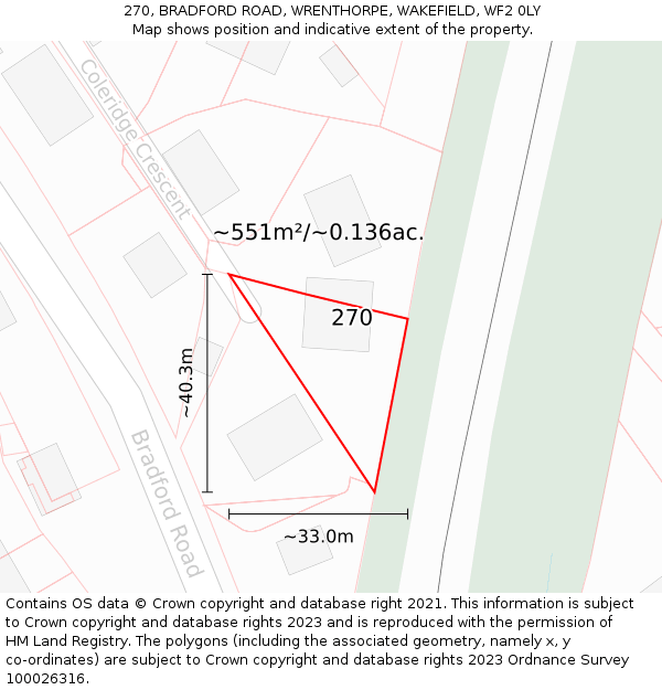 270, BRADFORD ROAD, WRENTHORPE, WAKEFIELD, WF2 0LY: Plot and title map