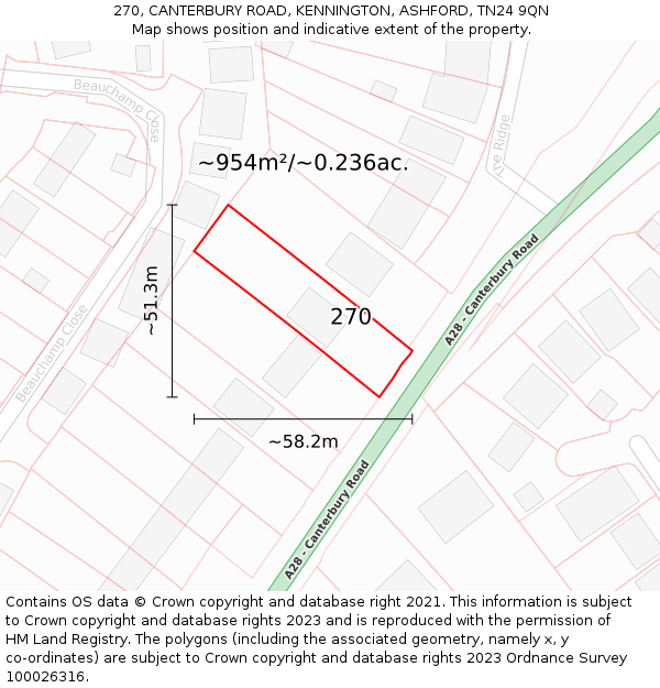 270, CANTERBURY ROAD, KENNINGTON, ASHFORD, TN24 9QN: Plot and title map