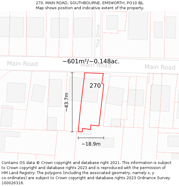 270, MAIN ROAD, SOUTHBOURNE, EMSWORTH, PO10 8JL: Plot and title map