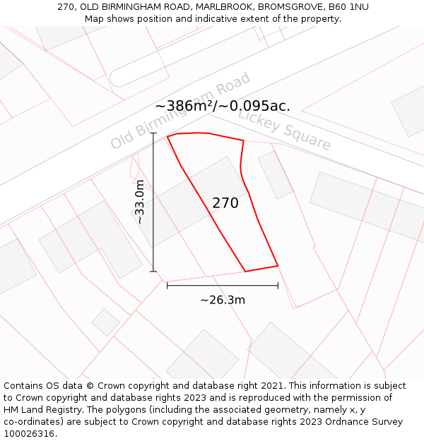 270, OLD BIRMINGHAM ROAD, MARLBROOK, BROMSGROVE, B60 1NU: Plot and title map