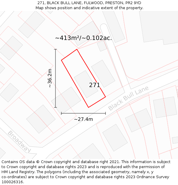 271, BLACK BULL LANE, FULWOOD, PRESTON, PR2 9YD: Plot and title map