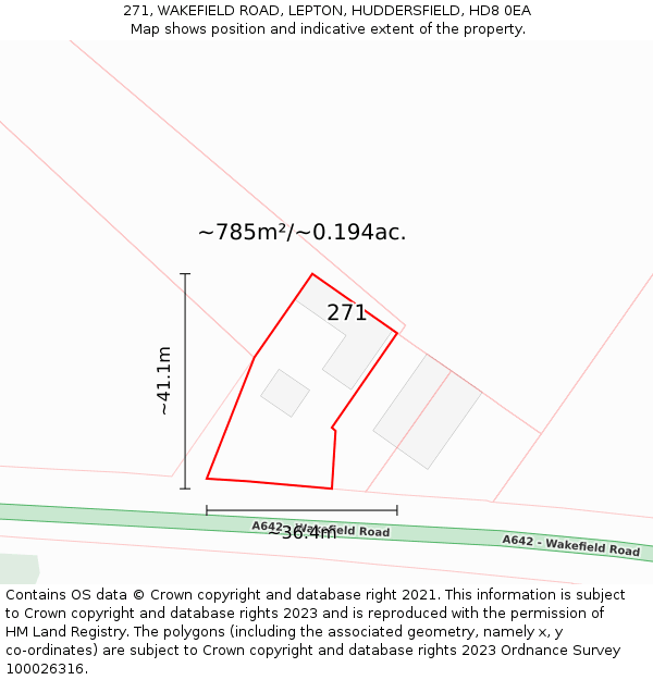 271, WAKEFIELD ROAD, LEPTON, HUDDERSFIELD, HD8 0EA: Plot and title map