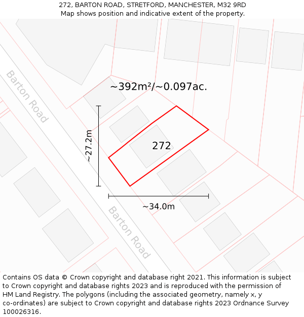 272, BARTON ROAD, STRETFORD, MANCHESTER, M32 9RD: Plot and title map