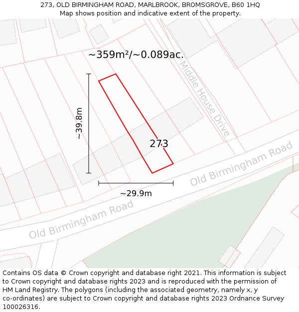 273, OLD BIRMINGHAM ROAD, MARLBROOK, BROMSGROVE, B60 1HQ: Plot and title map