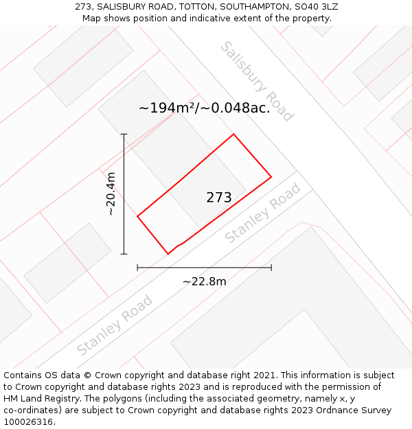 273, SALISBURY ROAD, TOTTON, SOUTHAMPTON, SO40 3LZ: Plot and title map