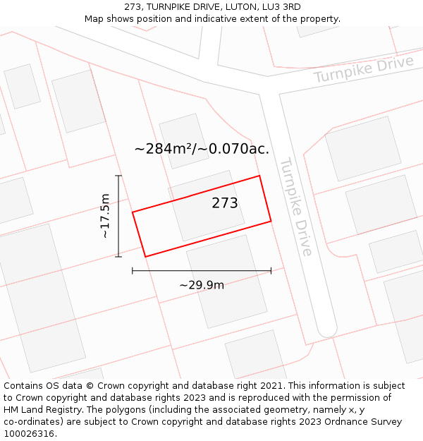 273, TURNPIKE DRIVE, LUTON, LU3 3RD: Plot and title map