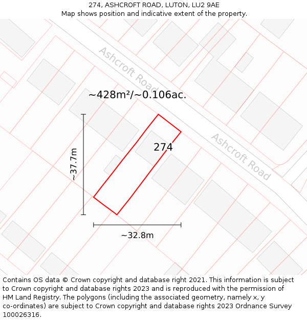 274, ASHCROFT ROAD, LUTON, LU2 9AE: Plot and title map