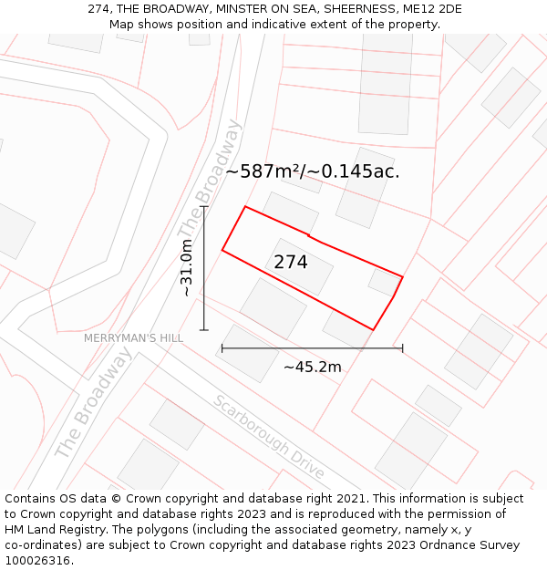 274, THE BROADWAY, MINSTER ON SEA, SHEERNESS, ME12 2DE: Plot and title map