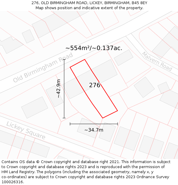 276, OLD BIRMINGHAM ROAD, LICKEY, BIRMINGHAM, B45 8EY: Plot and title map