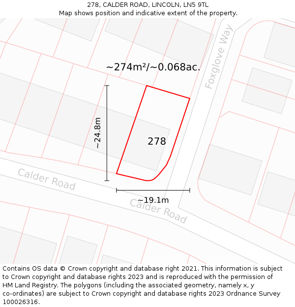 278, CALDER ROAD, LINCOLN, LN5 9TL: Plot and title map
