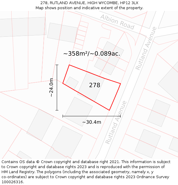 278, RUTLAND AVENUE, HIGH WYCOMBE, HP12 3LX: Plot and title map