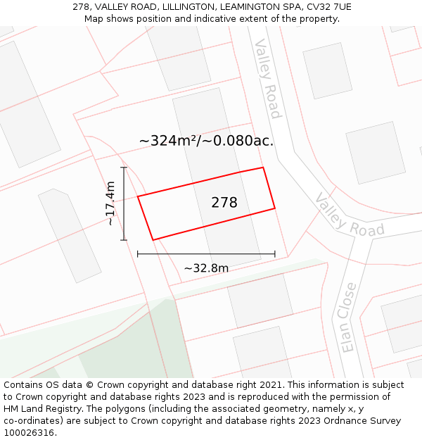 278, VALLEY ROAD, LILLINGTON, LEAMINGTON SPA, CV32 7UE: Plot and title map