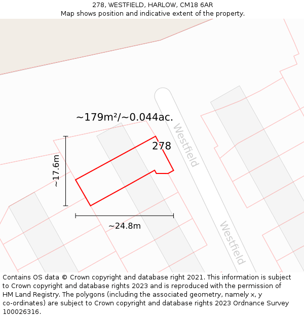 278, WESTFIELD, HARLOW, CM18 6AR: Plot and title map