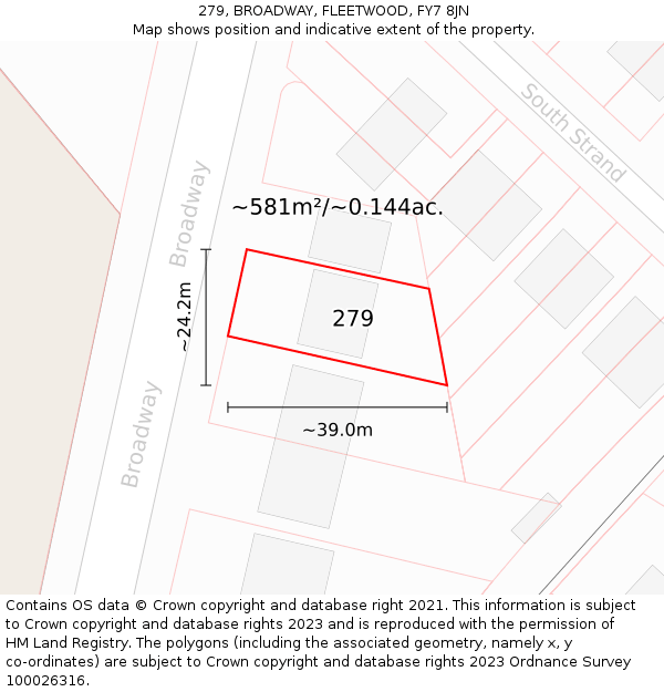 279, BROADWAY, FLEETWOOD, FY7 8JN: Plot and title map