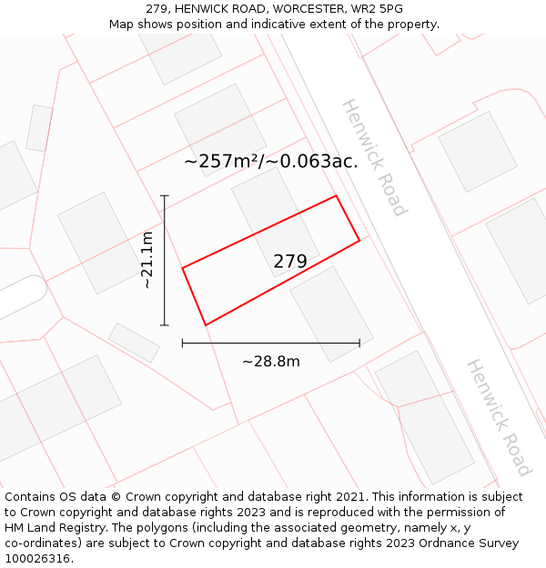 279, HENWICK ROAD, WORCESTER, WR2 5PG: Plot and title map