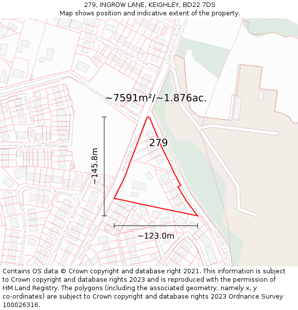 279, INGROW LANE, KEIGHLEY, BD22 7DS: Plot and title map