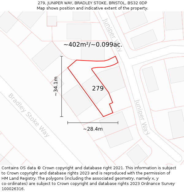 279, JUNIPER WAY, BRADLEY STOKE, BRISTOL, BS32 0DP: Plot and title map