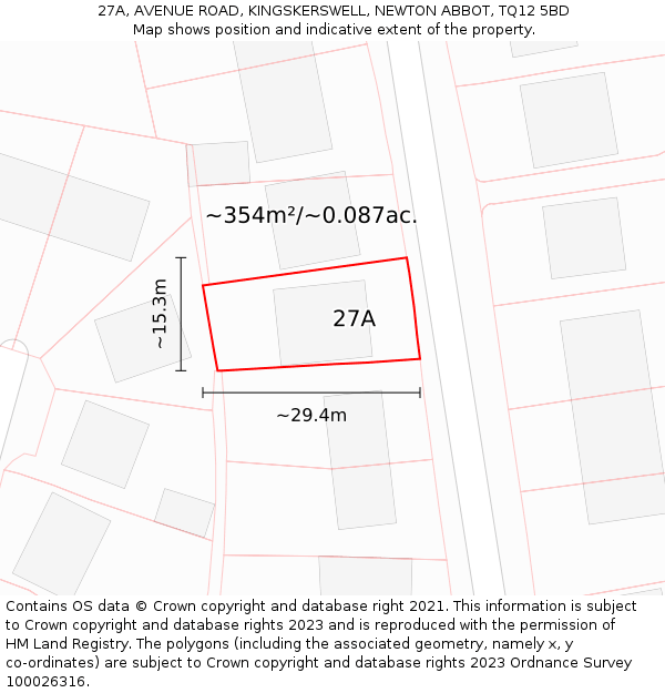 27A, AVENUE ROAD, KINGSKERSWELL, NEWTON ABBOT, TQ12 5BD: Plot and title map