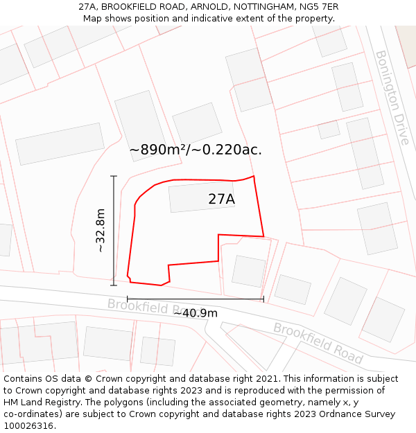 27A, BROOKFIELD ROAD, ARNOLD, NOTTINGHAM, NG5 7ER: Plot and title map