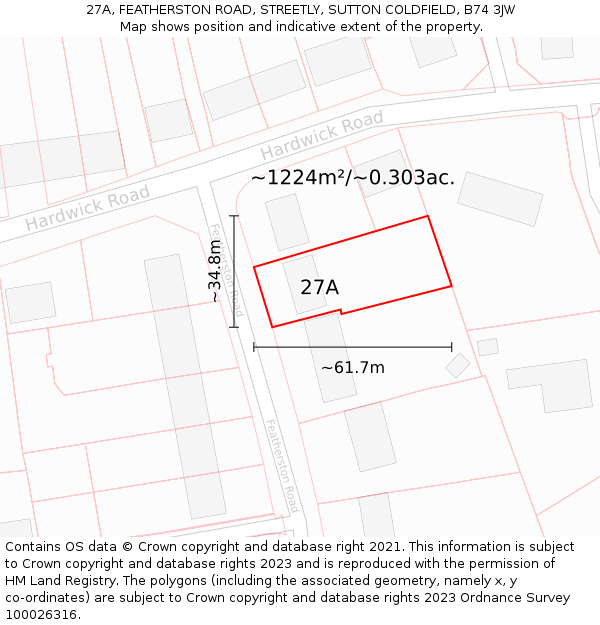 27A, FEATHERSTON ROAD, STREETLY, SUTTON COLDFIELD, B74 3JW: Plot and title map