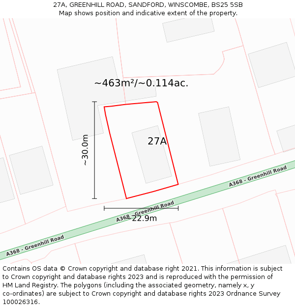 27A, GREENHILL ROAD, SANDFORD, WINSCOMBE, BS25 5SB: Plot and title map